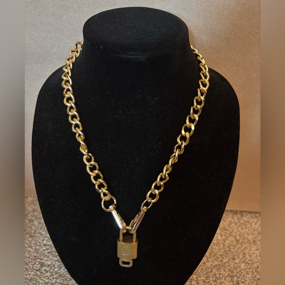 Gold Chain Necklace with Authentic Louis Vuitton Padlock Pendant